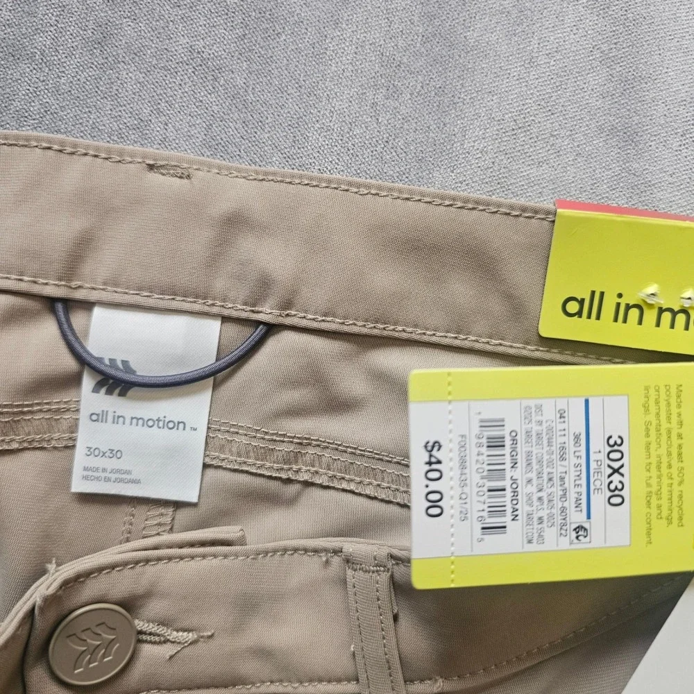 All In Motion Mens 360 Lifestyle Pants Tan 30x30 Technical Chino Stretch New